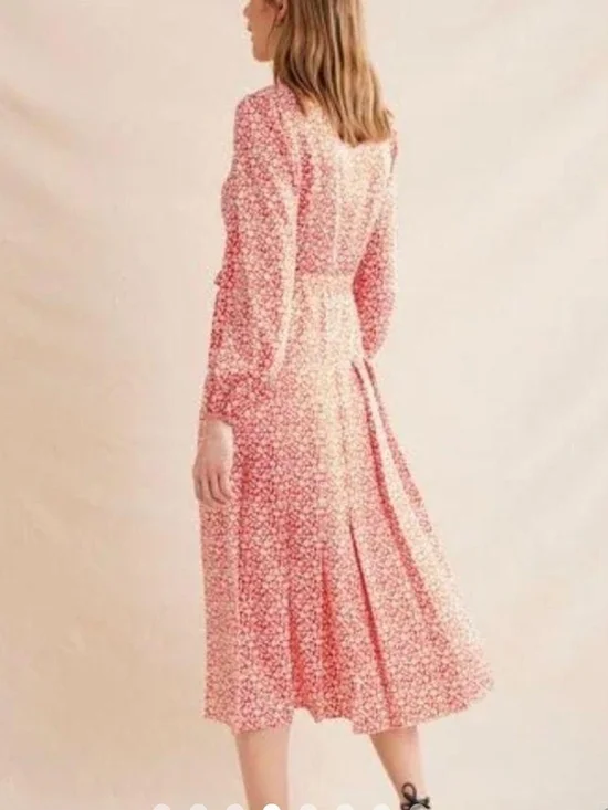 Boden Red Sateen Floral Button-Front Pleated Midi Dress - Size 14 - Picture 3 of 10